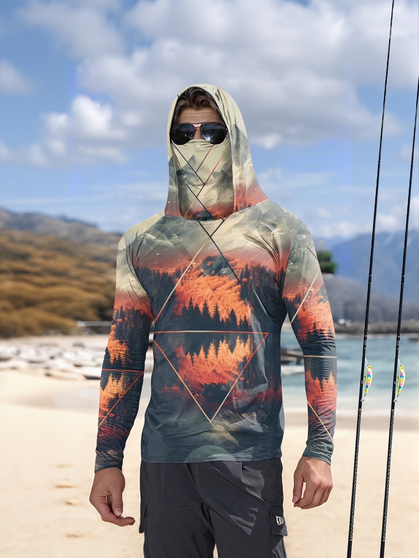 3D Printing Mask - Outdoor-Anglerhoodie für Herren mit integrierter Gesichtsmaske,