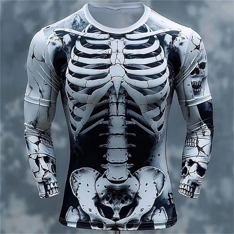 3D Printing Custom - 3D-Druck Skelett-Schädel-Muster T-Shirts Herren Langarm Casual